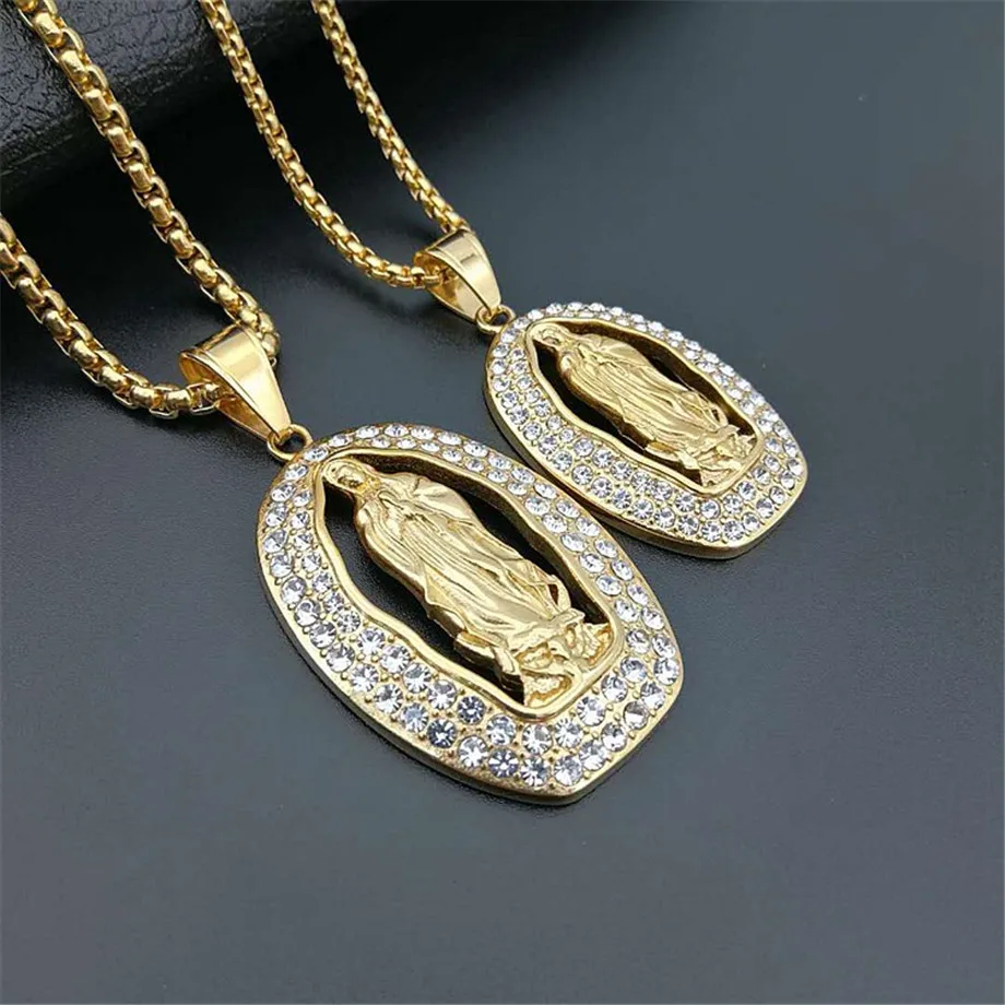 

Hip Hop Iced Out Big Virgin Mary Necklaces Pendants Gold Color Stainless Steel Chain For Women Christian Jewelry Madonna XL1363