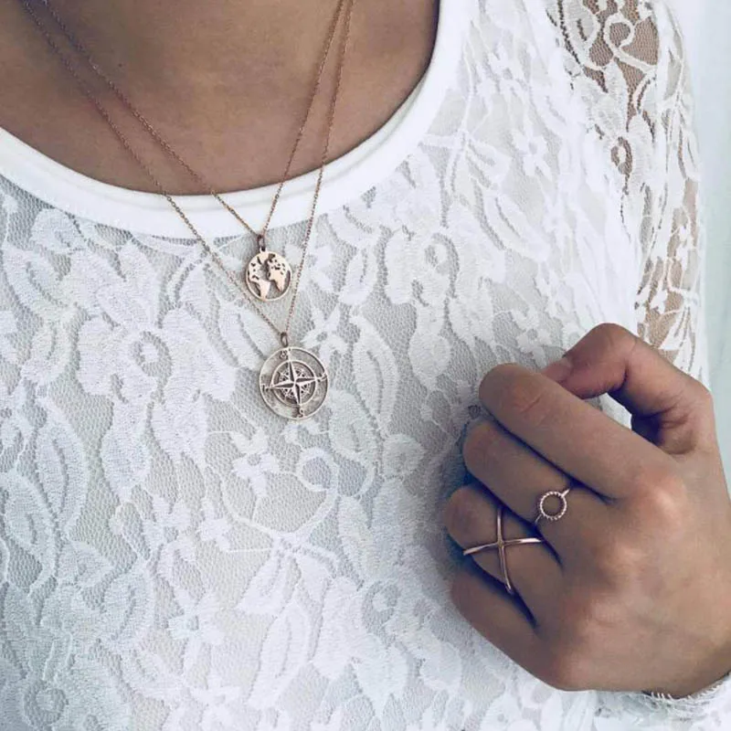 

Bohemia Gold Color Map Compass Pendant Necklace for Women Double Layer Chain Choker Necklace Fashion Jewelry 2019 New