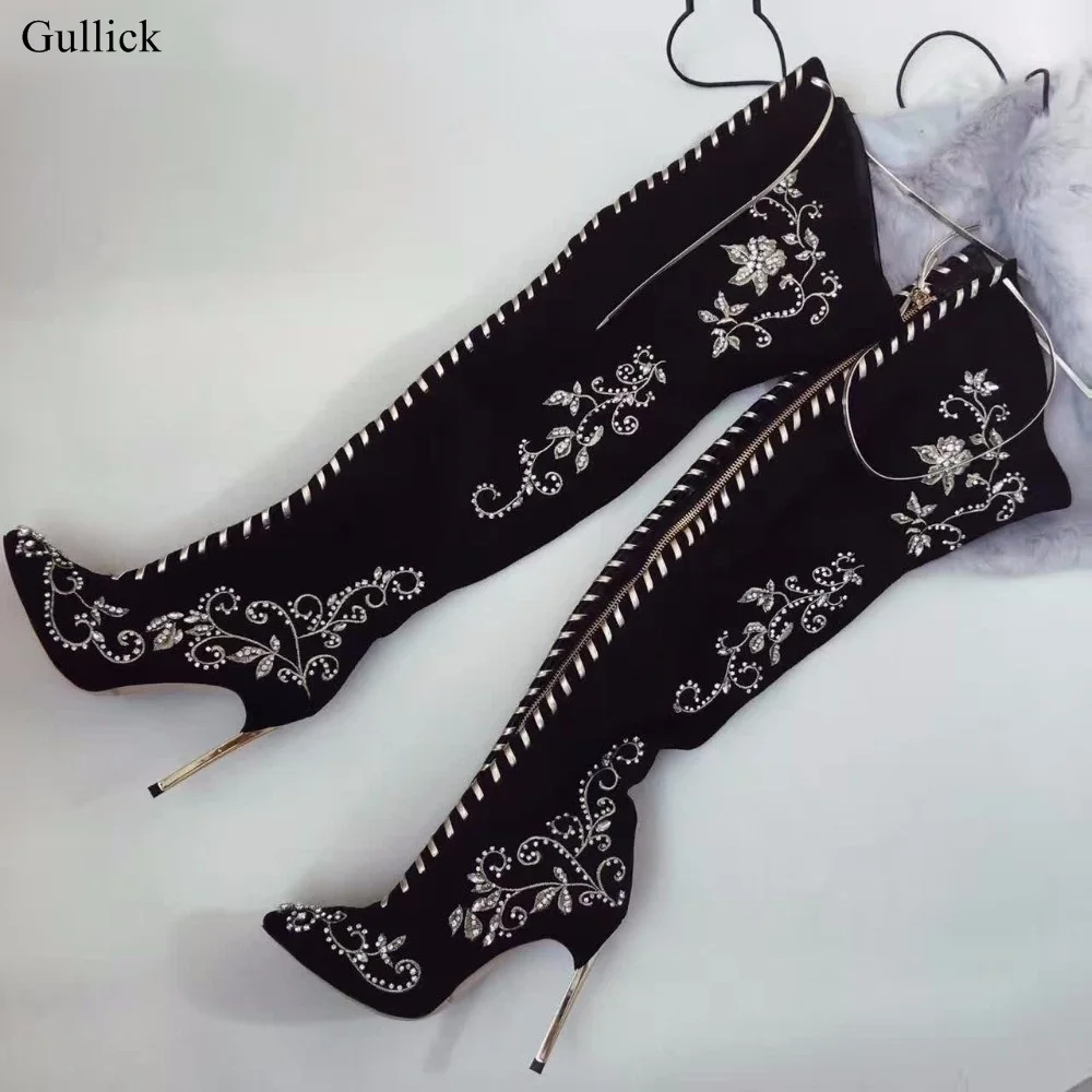 Elegant Crystal Flower Embellished Over The Knee Boot Woman Pointed Toe Lace-up Tight High Boot Pointed Toe Blade Heel Boot цена Elegant Crystal Flower Embellished Over The Knee Boot Woman Pointed Toe Lace-up Tight High Boot Pointed Toe Blade Heel Boot цены онлайн