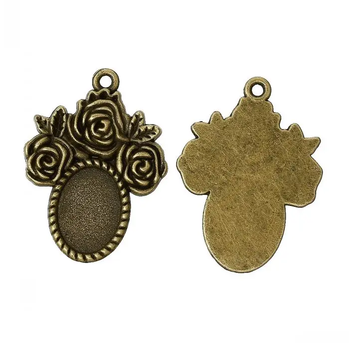 

New Charm Pendants Rose Flower Oval Antique Bronze Cabochon Setting(Fit 14mm x 10mm)Nickel Free 3.2cm x 2.4cm,50PCs