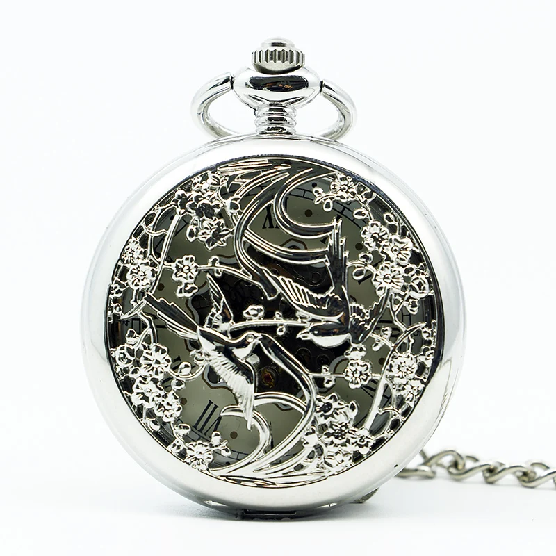 

Antique&Vintage Men Bird and Flower Hollow Mechanical Pocket Watch Hand-winding Watch For Men Women Gift Stainless Steel PJX1247