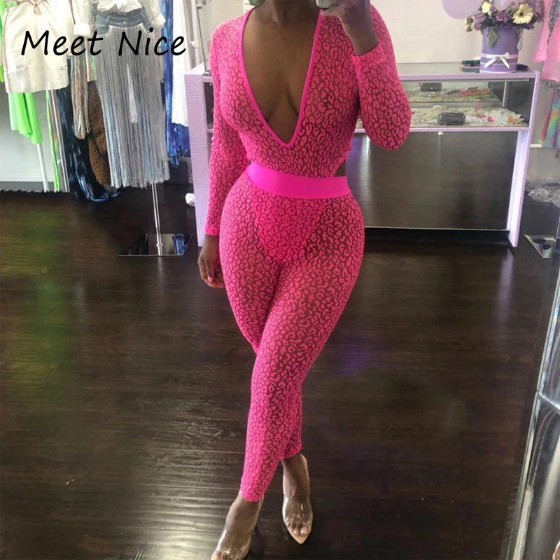 

2 Two Piece Set Women See Through V Neck Bodysuit and Long Pants Set Sexy Summer Long Sleeve Tracksuit Women Conjunto Feminino