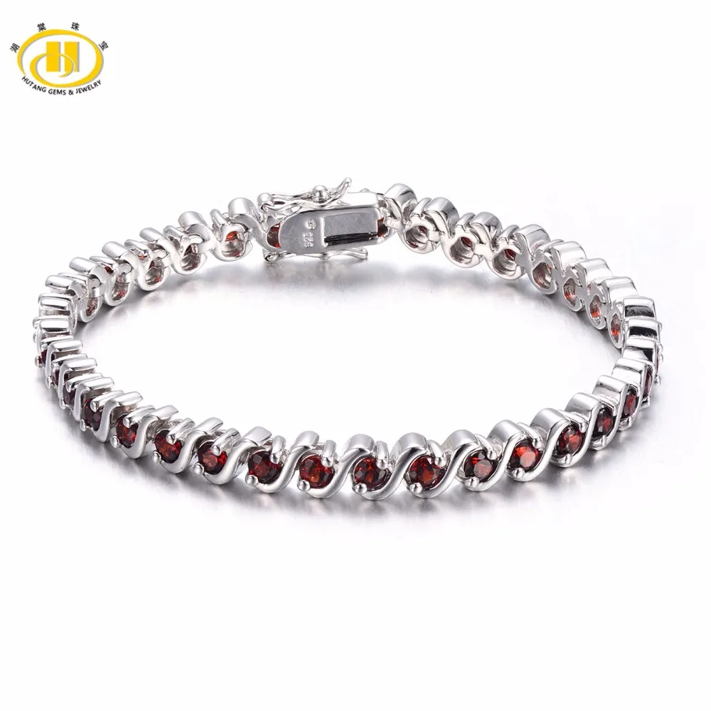 Hutang Fashion 7.68 ct Natural Gemstone Garnet Solid 925 Sterling Silver Link Bracelet Fine Jewelry For Women's Gift 7.0 Inches