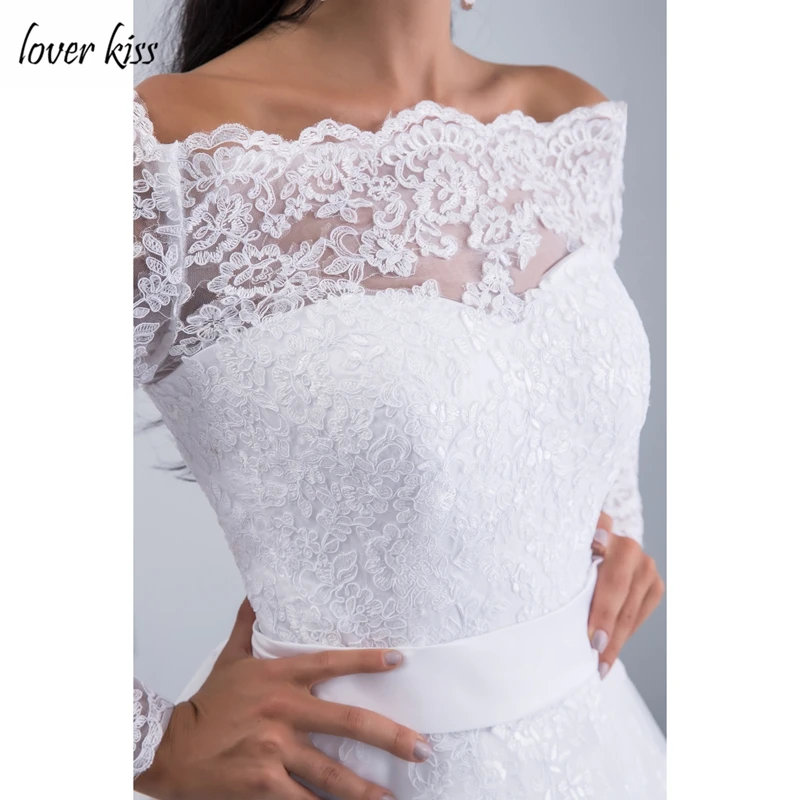 Lover Kiss vestidos de noiva с открытыми плечами Длинные рукава Свадебные платья кружевной вырез лодочкой свадебное платье белый пояс robe de mariage