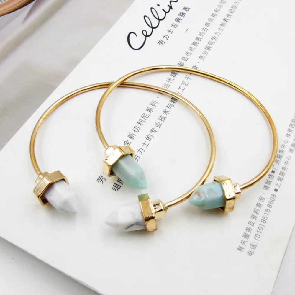 New Boho Created Blue White Stone Healing Bullet Point Bracelets &amp Bangles Faux Marble Howlite Bangle For Women #273873 | Украшения и