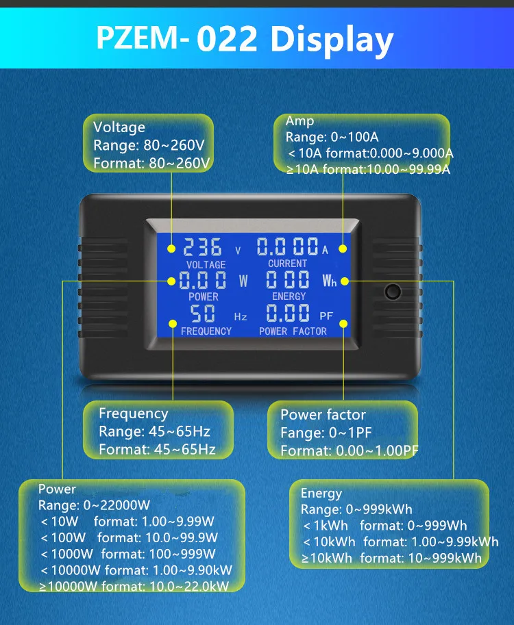 Peacefair однофазный цифровой измеритель мощности AC220V напряжение тока ватт коэффициент мощности частота счетчик энергии PZEM-022 с катушкой CT