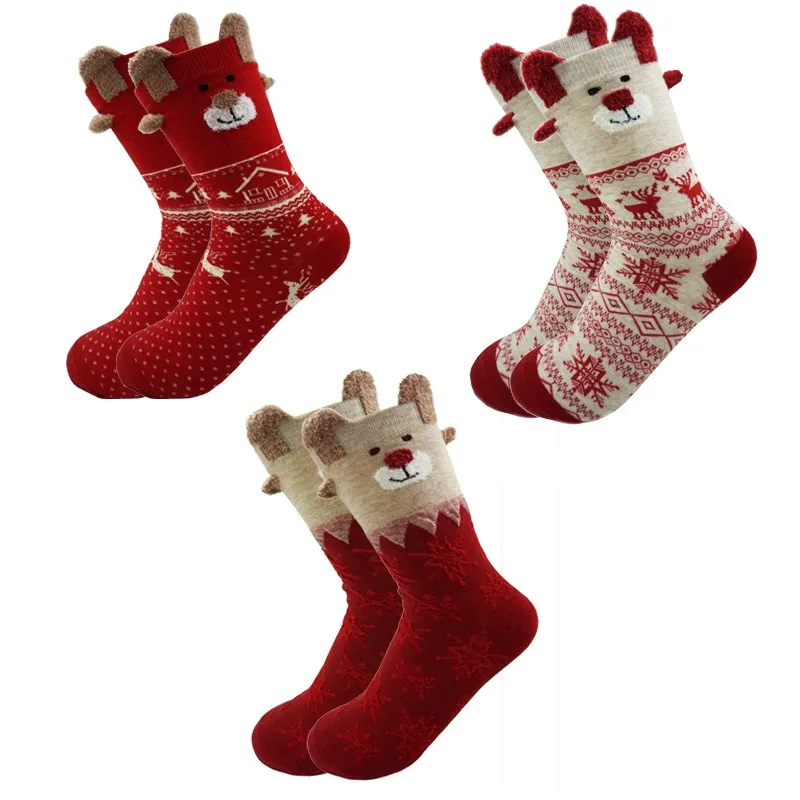 Женские носки, зимние теплые рождественские подарки стерео-носки Мягкий хлопок милые Санта Клаус и оленями рождественские носки
