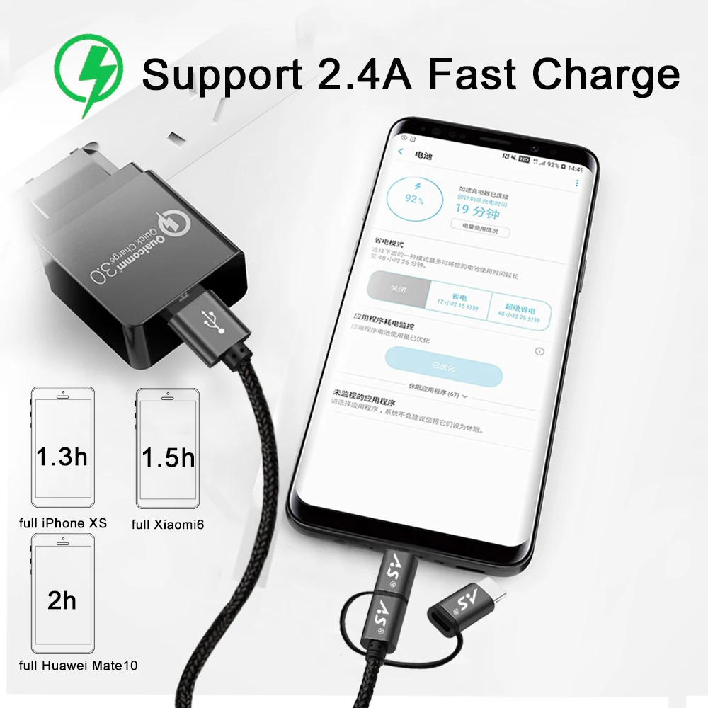 AS 3in1 الهاتف المحمول USB كابل بيانات ل فون المصغّر USB نوع C كابل الشاحن ل Xiaomi هواوي سامسونج كابل شحن سريع 3 M