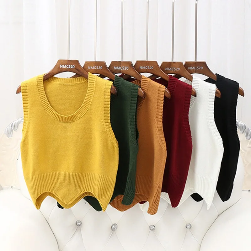 Модный женский свитер, жилет, однотонный, вязаный, с круглым вырезом, без рукавов, короткий пуловер, свитер, жилет, осень,, волнистый край, теплый пуловер