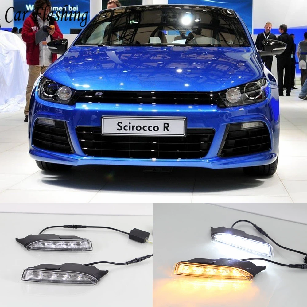 

2PCS For VW Volkswagen Scirocco R Line 2010 2011 2012 2013 2014 LED DRL Daytime Running Lights with Flow Turnnig Yellow Signal