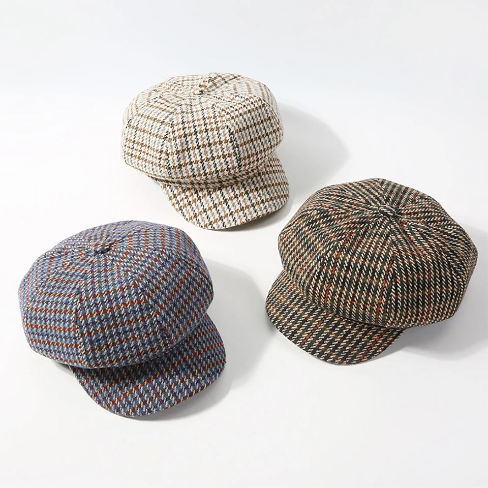 Новинка; шапка для мальчиков; женская модная зимняя теплая Повседневная клетчатая Женская восьмиугольная шапка; 3 цвета; шапка для отдыха; Harajuku