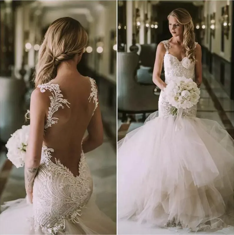 

2019 Sexy Backless Mermaid Wedding Dresses Bridal Gowns Lace Portrait Sweetheart Tulle Tiered Skirts Court Train wedding gowns