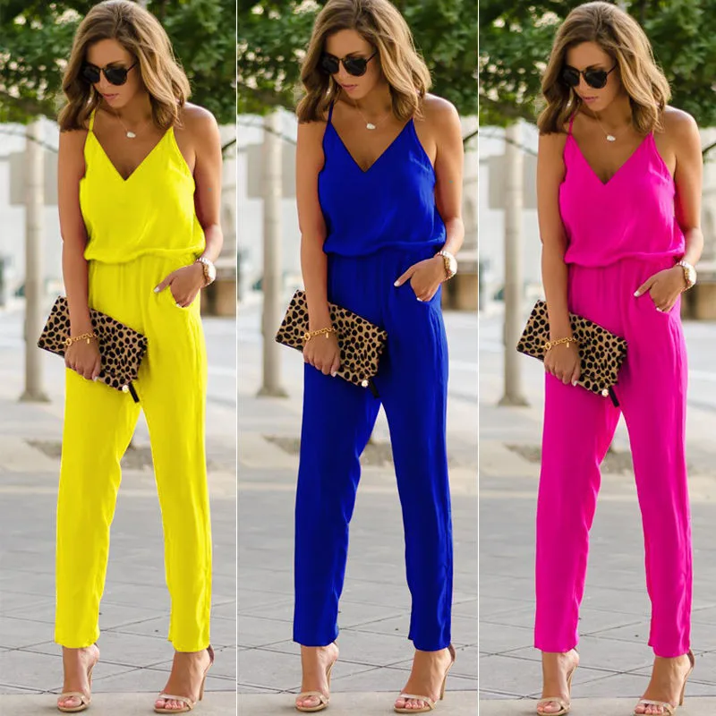Hot Selling Womens Casual Jumpsuits spaghetti strap V neck Summer wide