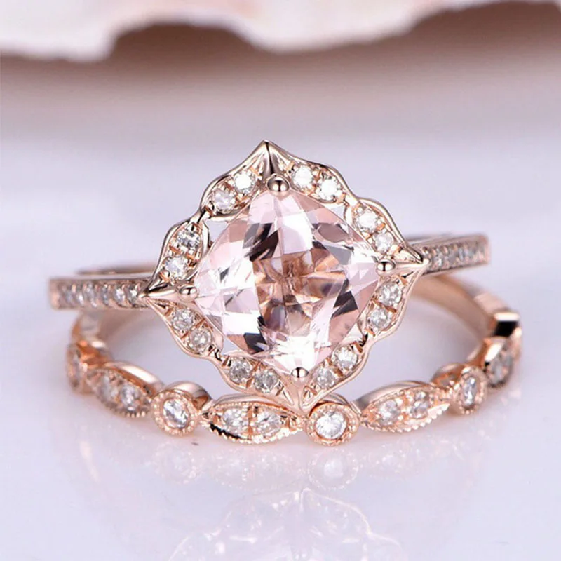 

Hot 2PCS/Set Exquisite 2018 Rose Golden Color Wedding Crystal Couple Rings Alloy Set Graceful Unique Women Jewelry Gift