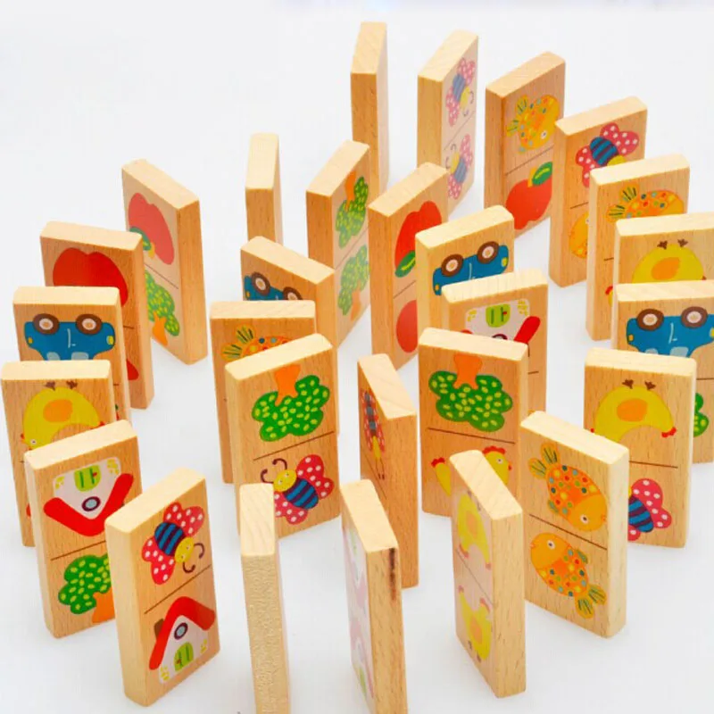 

28pcs Baby Wooden Domino Block Toys Cartoon Garden Animal Vehicle Fruit Domino Blocks Toys Building Blocks Educational Matching