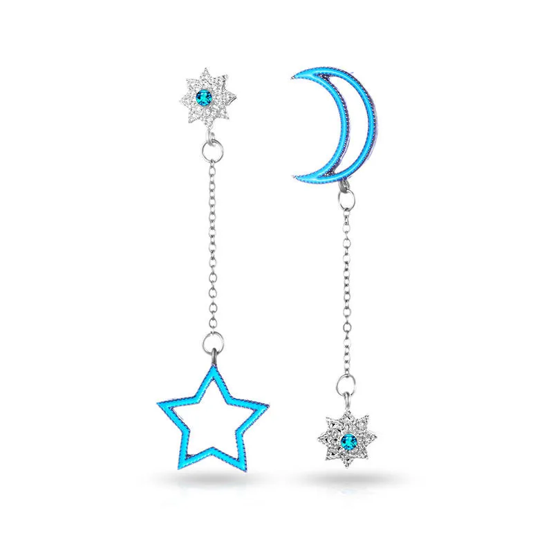 

New Blue Color Star&Moon Geometric Asymmetrical Earrings Long Dangle Earring For Women Brincos Bijoux Boucle D'oreille e0467