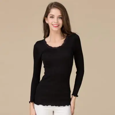 Новая шелковая безшовная футболка с длинным рукавом высшего класса, женская рубашка из натурального шелка - Цвет: Черный
