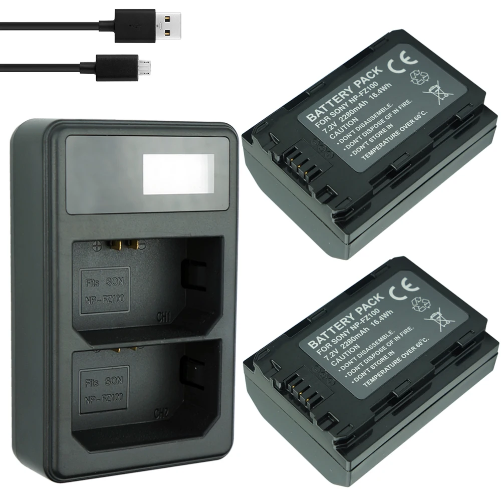 

2x 2280mAh NP-FZ100 NPFZ100 NP FZ100 Battery + LCD Dual USB Charger for Sony NP-FZ100, BC-QZ1, Sony a9, a7R III, a7 III, ILCE-9