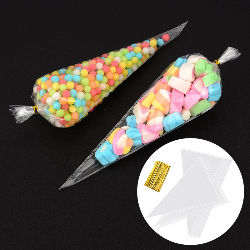 

100pcs Cone Bags Sweets Transparent Cellophane Bags For Snacks Popcorn Chocolates Candy Party