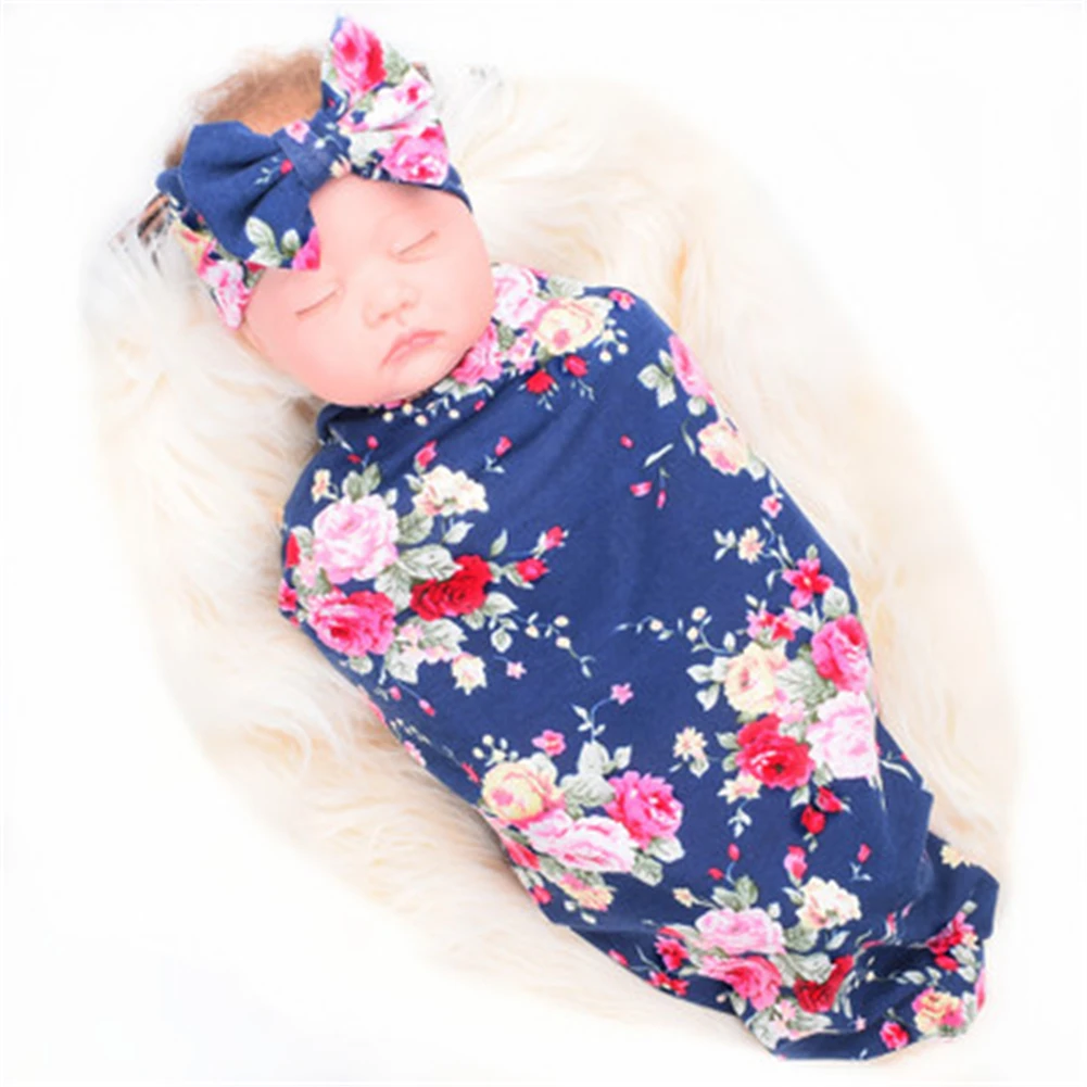 Детская одежда из хлопка для новорожденных Одеяло s детские пеленки с цветами для завёртывания для пеленания спальное одеяло для новорожденных комплект из 2 предметов: повязка на голову