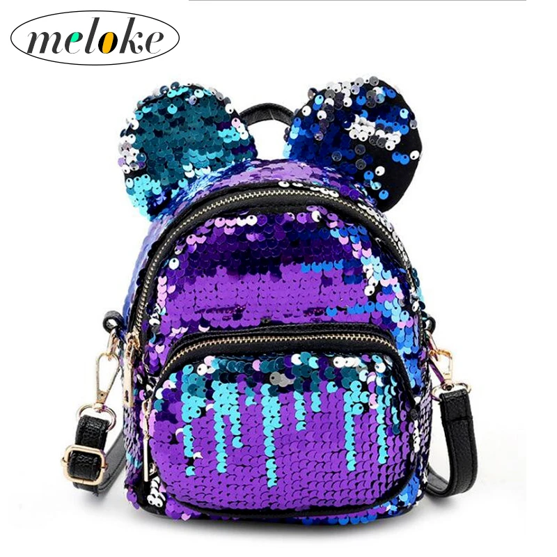 

Meloke 2019 hot sales women mini sequins backpacks lovely ears bling multifunctional women bags casual travel bags M47