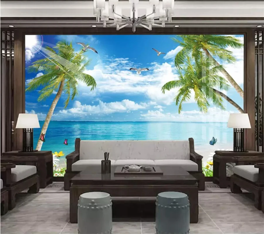 wellyu обои   papel de parede 3d custom wallpaper  Blue sky and white clouds beach with sea view TV wall wallpaper for walls 3 d blue sky white clouds beach ocean view modern living room bedroom door mural sticker pvc waterproof wallpaper papel de parede 3d