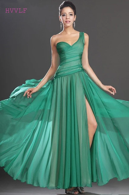 

Green Evening Dresses 2019 A-line One-shoulder Chiffon Slit Backless Plus Size Long Evening Gown Prom Dresses Robe De Soiree