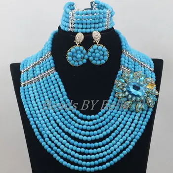 

10 Layers Trendy Blue Beads Jewellery Set Nigerian Wedding Party Necklace Women African Fashion Jewelry Set Free Shipping ABF702
