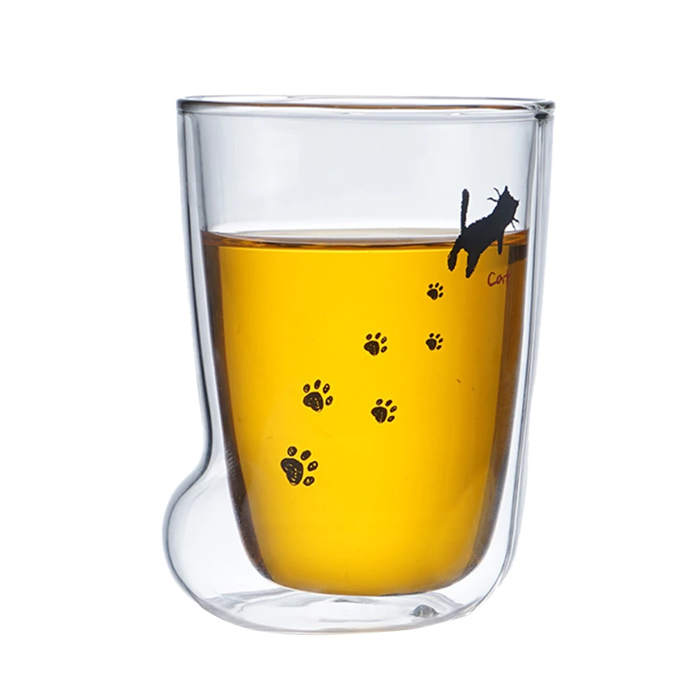 Милый двойной слой кошачья лапка форма Коготь вода молоко кружка кофе сок стеклянная прозрачная чашка в подарок