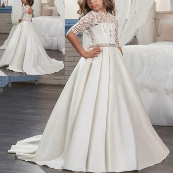 

2019 New Baby Kid Girls dress Half Sleeves Pearl Rhinestone Waist Belt Dress Wedding Bridesmaid Trailing Princess Dress 2-13Y