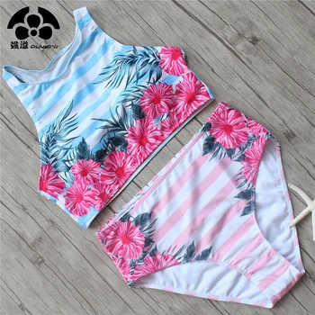 

QIANG YI 2019 Summer Sexy High Neck Bikini Set Push Up Swimwear Women Swimsuit Female Crop Top Bathing Suit Striped Floral Beach