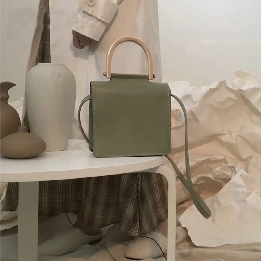 

Casual Wooden Top Handle Women Handbags Chic Pu Crossbody Bag For Women Fashion Solid Color Box Bag Lady Shoulder Messenger Bag