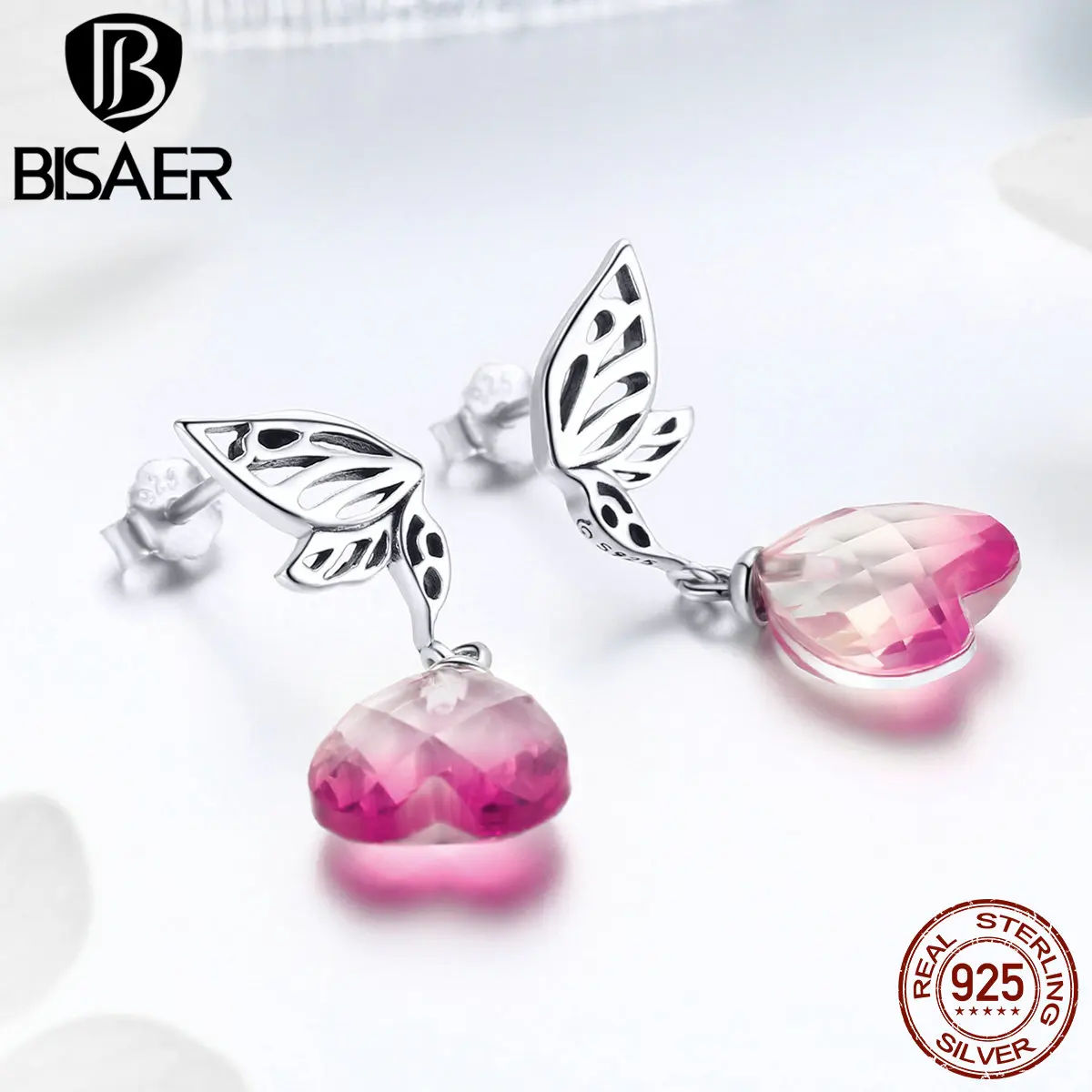 BISAER, подарок на день Святого Валентина, 925 пробы, серебро, крылья, сердце, циркониевые серьги-гвоздики для женщин, модные серьги, ювелирное изделие EFE015