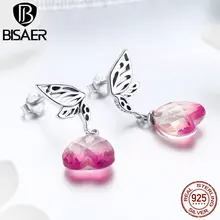 BISAER, подарок на день Святого Валентина, 925 пробы, серебро, крылья, сердце, циркониевые серьги-гвоздики для женщин, модные серьги, ювелирное изделие EFE015