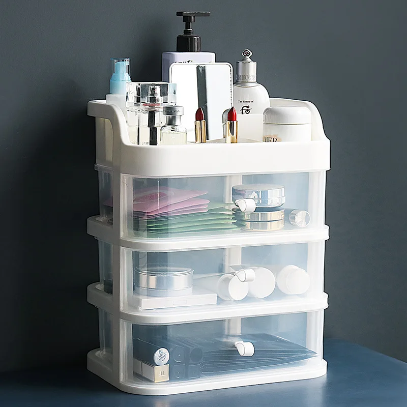 PP Plastic Makeup Organizer Make Up Brush Cosmetic Storage Box with Drawer Mirror Cotton Swabs Stick Case | Дом и сад