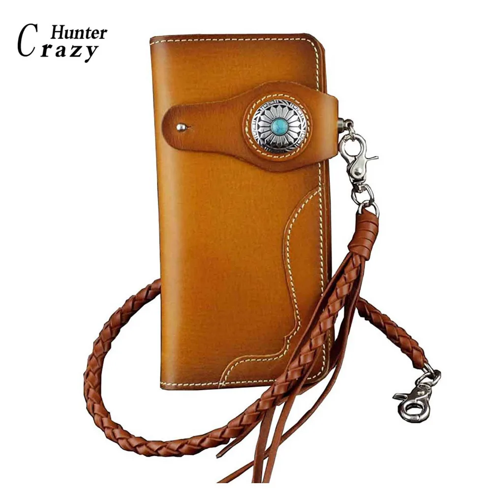 Men Turquoise Concho Leather Long Handmade Biker Wallet W/ Braid Leather Chain-in Wallets from ...