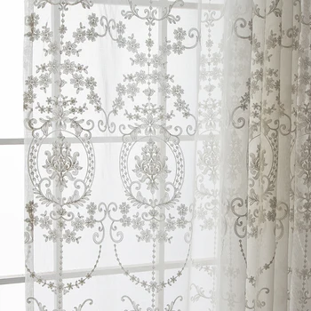 

European Style Embroidered Voile Curtains for Living Room White Interior Decoration home Sheer Panel Curtains(B712)