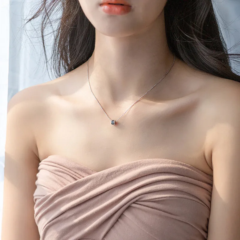 

OL Elegant Black White Crystal Choker Round Bean Pendant Necklaces Real 925 Sterling Silver Fine Jewelry For Women Gift 71529