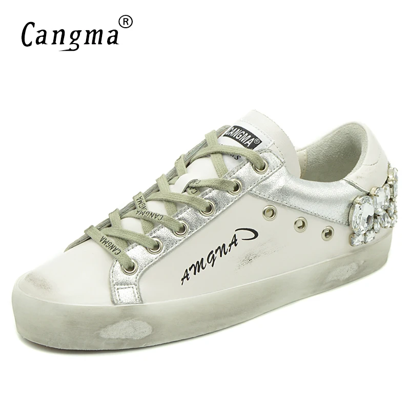 Goede Cangma Casual Schoenen Merk Sneakers Gouden Vrouwen Zilveren Diamanten Wit Flats Echt Lederen Schoenen Kristal Gans Trainers