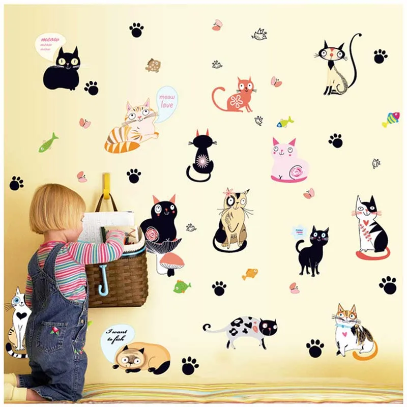 Cartoon Cat Vinyl Kitchen Wall Stickers Wallpaper Animal Family Living Room Sofa Wall Decoration Poster Home Decor