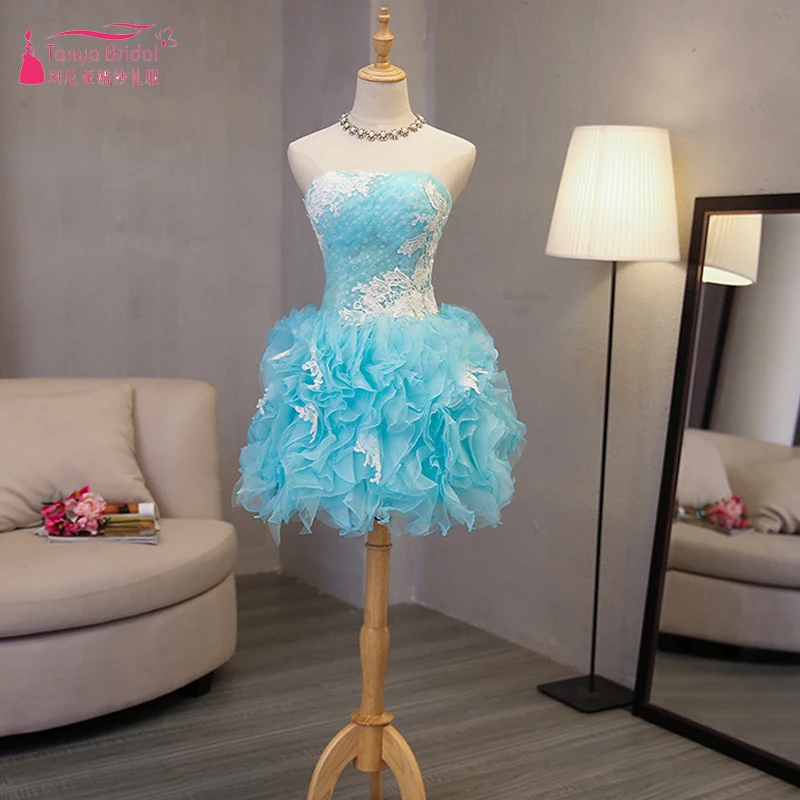 Светло Небесно синие Бальные платья без бретелек короткие кружевные оборки