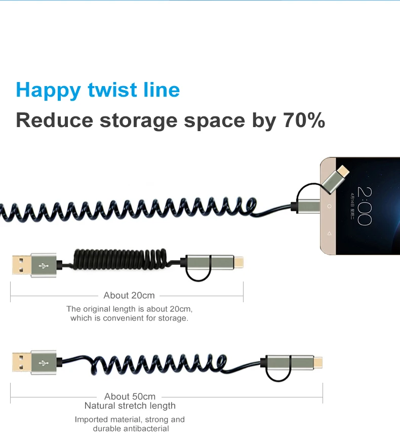 2 в 1 Весна type C Micro USB QC3.0/2,0 кабель передачи данных для быстрой зарядки USB-C пружинный Кабель зарядного устройства для XiaoMi huawei samsung Oneplus