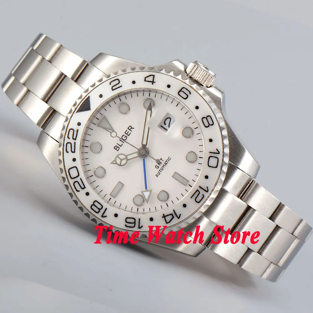 Bliger 40mm white dial date magnifier saphire glass GMT Automatic