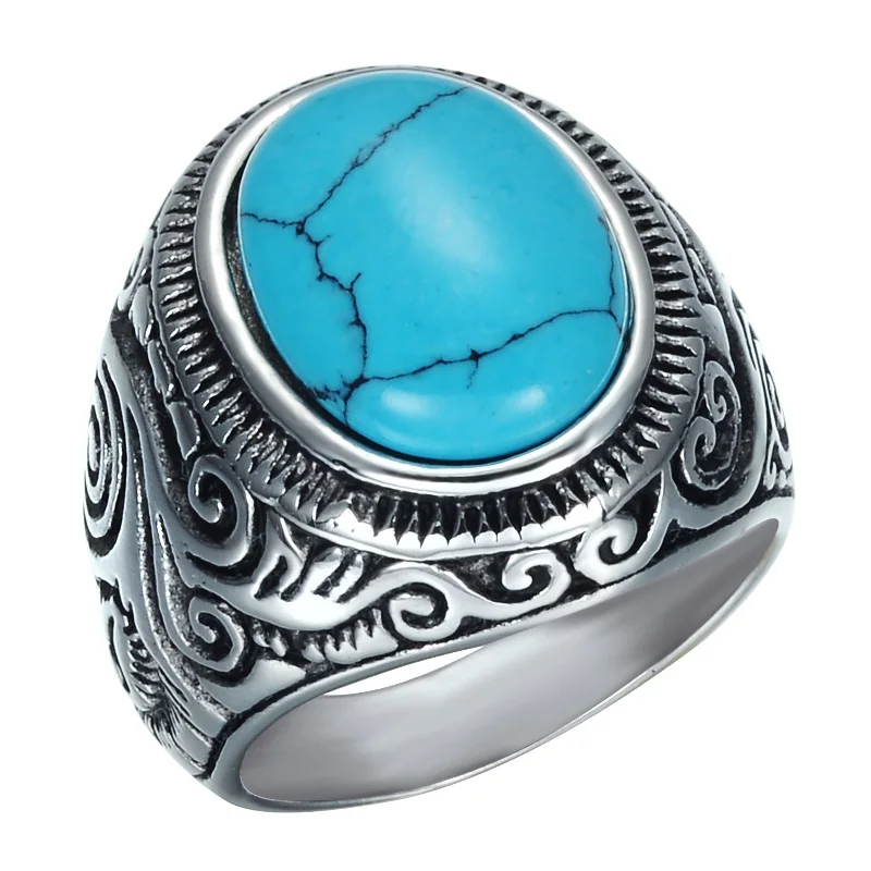 

Retro Natural Black Blue Turquoises Rings Men Vintage Stainless Steel Titanium Ring Male Ring Jewelry
