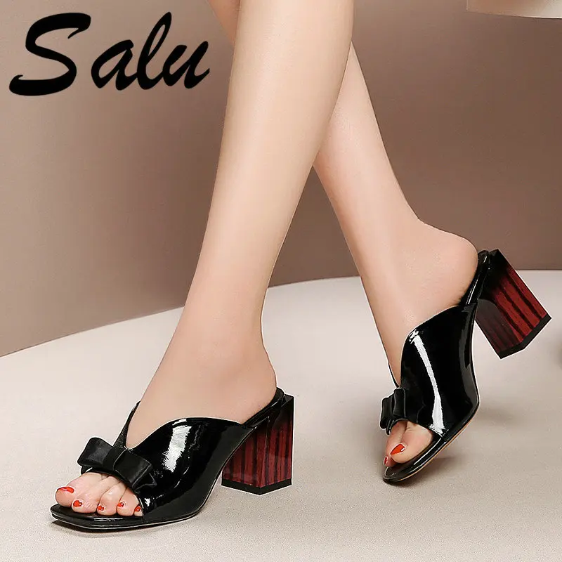 

Salu Luxury Genuine Leather Sandals Square Heels Black Sheepskin Sandals Colorful Heels Retro Summer Shoes Women