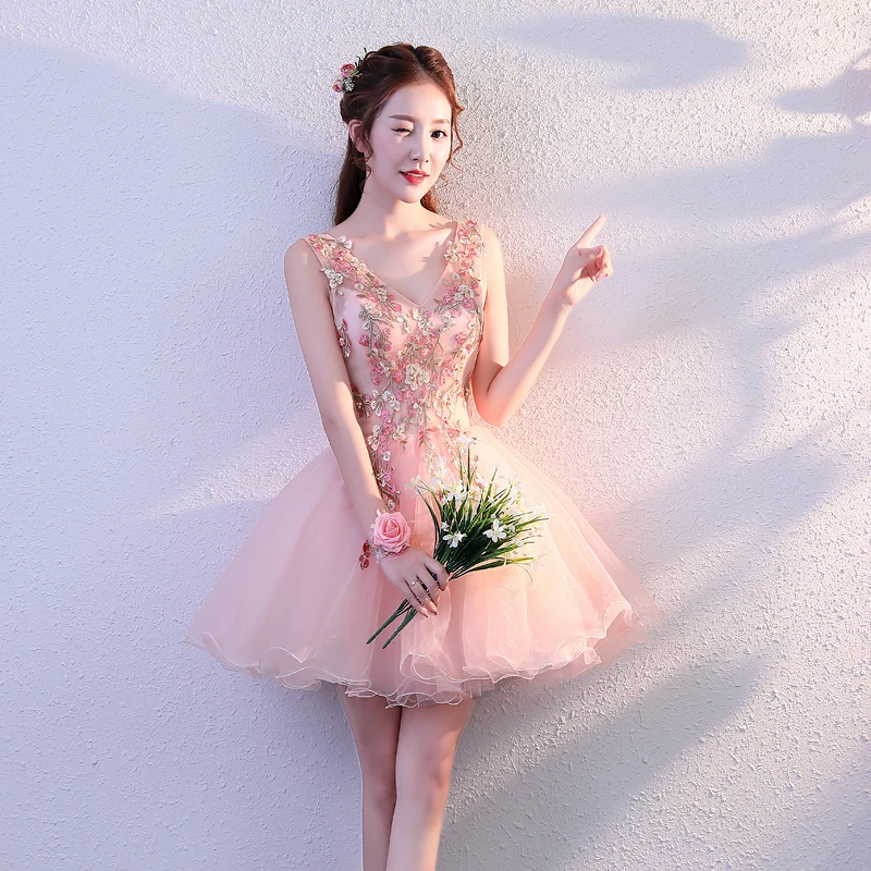 Розовый v образным вырезом впитывает пот и коротким рукавом, для девушек и женщин, женские туфли принцессы, платье для свадебной церемонии, банкетные вечерние праздничное платье вечернее платье