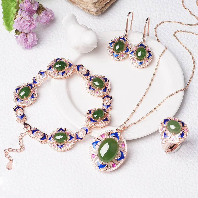 Joyas ожерелье набор Sieraden Hetian костюм 925 Cloisonne Роза четыре части с сертификатом завод прямые продажи