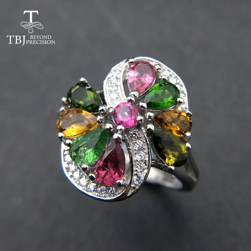

TBJ,Natural tourmaline gemstone ring in 925 sterling silver gemstone jewelry ,tourmaline gemstone ring for women with gift box