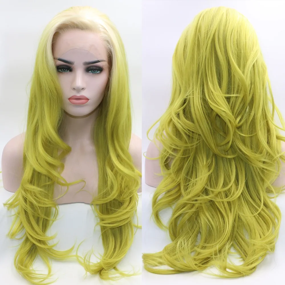 

Fantasy Beauty Long Wavy Ombre White Roots Ombre Yellow Green Synthetic Lace Front Wig Heat Resistant Full Wigs Cosplay Wig