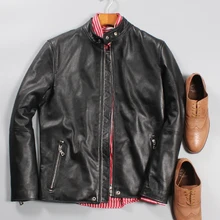 Модная приталенная мужская куртка из натуральной кожи с воротником "Мандарин" на осень и весну, Высококачественная байкерская куртка из натуральной кожи для мужчин черного цвета